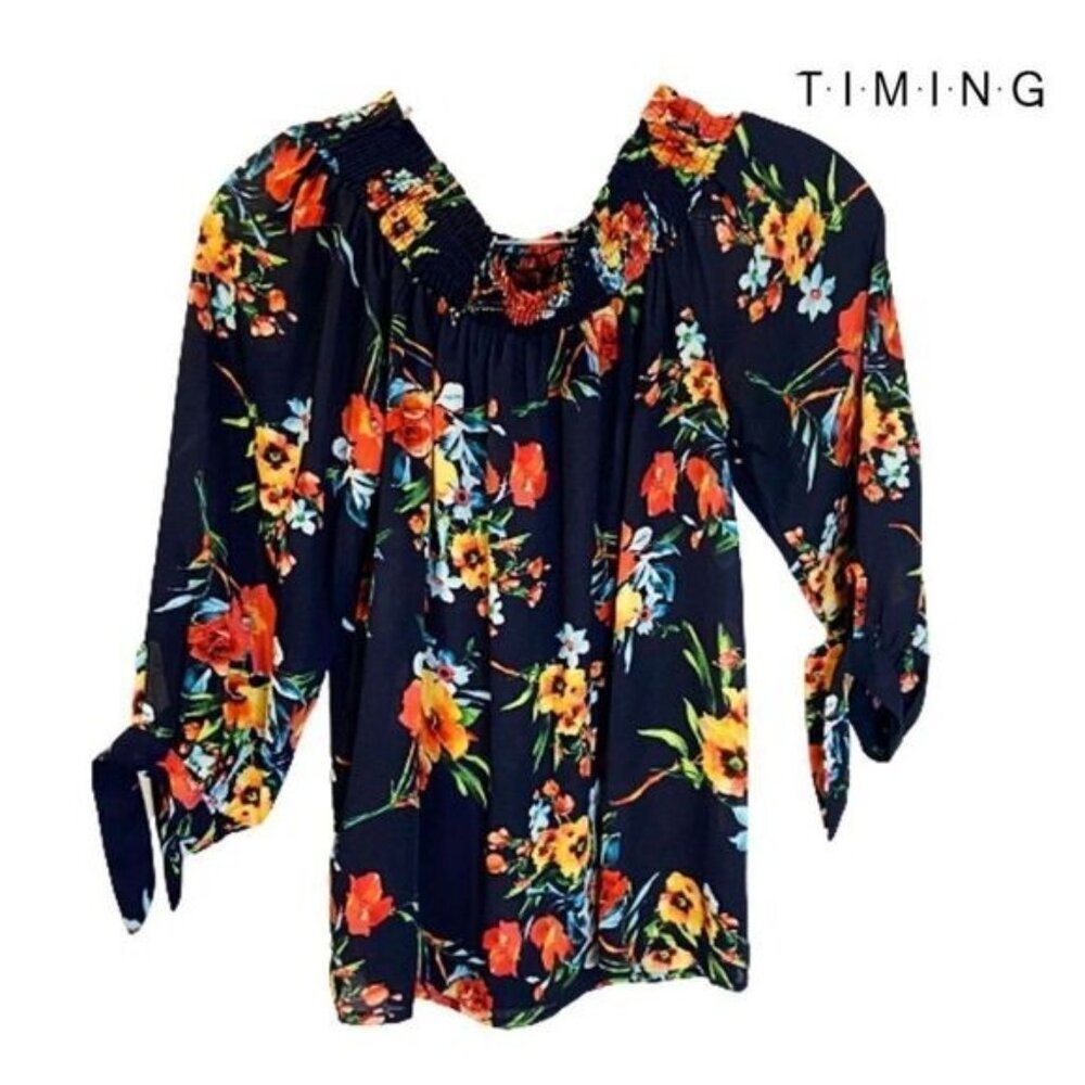 Timing Women's Sexy Off The Shoulder Tops Tie-Sleeve Smocked Off-Shoulder